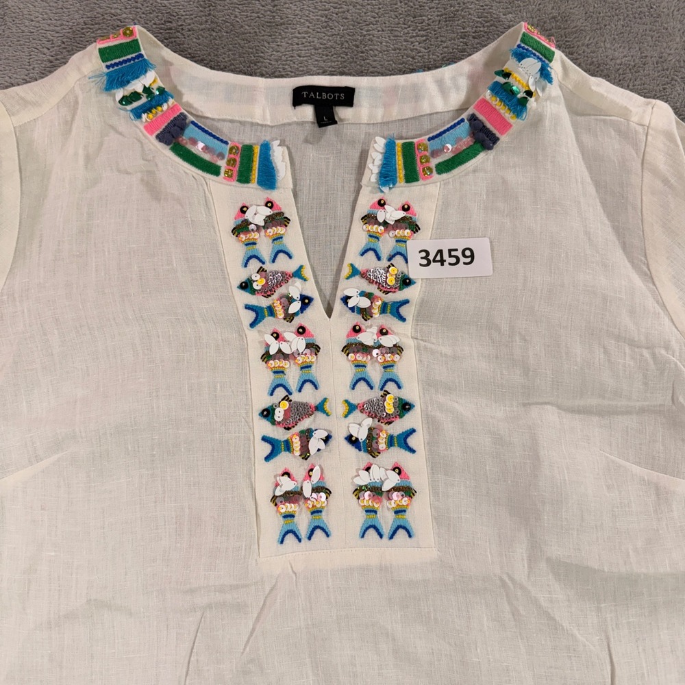 Talbots Tunic Women Large White Linen Fish Embroidery Sequin Tassel Top